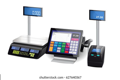 Shop cash register, printer and scales - retail equipment 