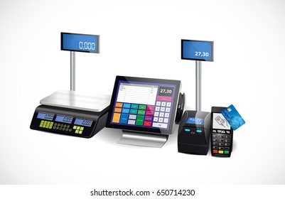 Shop cash register, printer, scales and card payment terminal - retail equipment 