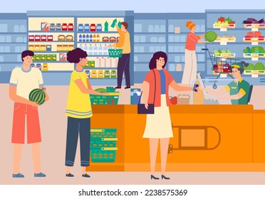 Shop cashier in grocery, vector illustration, flat man woman customer character buy food in supermarket, make retail purchase in store.