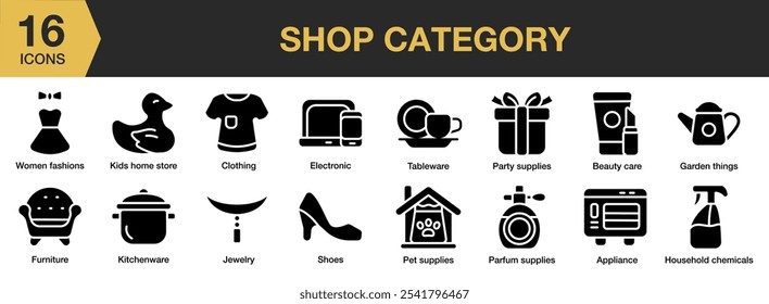 Shop Category solid icon set. Includes women shoes, tableware, pet supplies, kitchenware, and More. Solid icons vector collection.