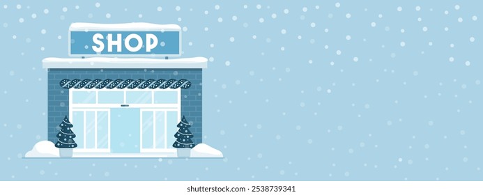 Shop with Christmas decorations under the snow, holiday sale concept, banner with copy space