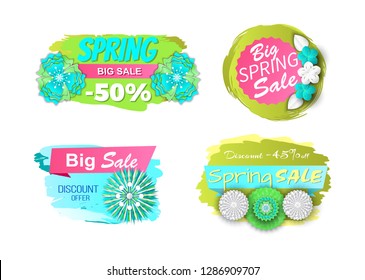 Shop clearance labels isolated vector icons. Springtime blooming flowers, big sale offer, discounts 50 and 45 percent off on brush strokes, advertisement cards
