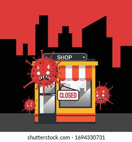 Shop closed or bankrupt. Empty storefront and Coronavirus hanging closed sign plate on front, store is not working. Virus quarantine or self-isolation. Covid-19 pandemic, healthcare concept. Vector