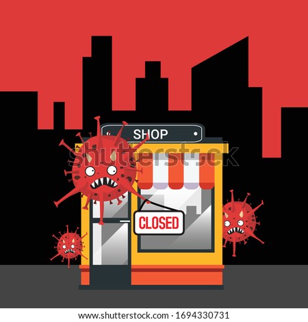 Shop closed or bankrupt. Empty storefront and Coronavirus hanging closed sign plate on front, store is not working. Virus quarantine or self-isolation. Covid-19 pandemic, healthcare concept. Vector