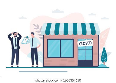 Shop closed. Empty storefront and plate on the door, the store is not working. Businessmen discuss financial loss. Accountant shows boss loss schedule. Quarantine or self-isolation.Vector illustration