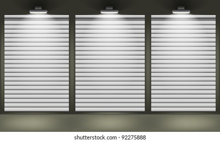 Shop with closed shutters windows, front view. Part of set. Vector exterior.