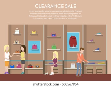 Shop with clothes or store interior, clearance sale with clothing and shoe or boots on counter for retail sale. Women or woman bag at stall. Trading and sale indoor view, people shopping theme