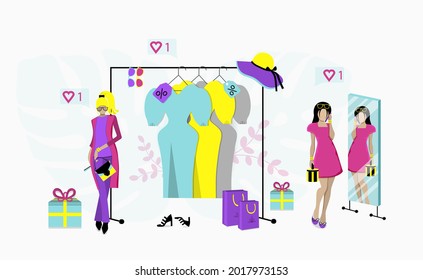 Shop with clothes, women's accessories. flat vector illustration.