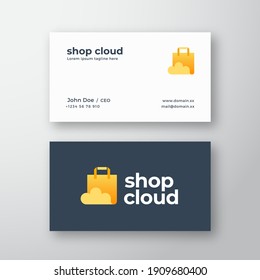 Shop Cloud Abstract Modern Vector Logo and Business Card Template. Paper Bag with Cloud Icon and Typography. Shopping and Delivery Emblem Concept. Premium Stationary Realistic Mock Up. Isolated.