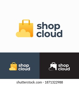 Shop Cloud Abstract Sign, Symbol or Logo Template. Paper Bag with Cloud Icon and Typography. Shopping and Delivery Emblem Concept. Isolated.