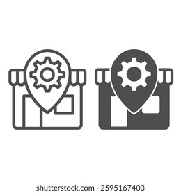 Shop with cogwheel gear on location pin line and solid icon, repair service concept. Vector graphics. Workshop house sign on white background, outline style icon for mobile or web design