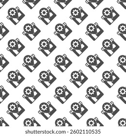 Shop with cogwheel gear on location pin solid seamless pattern, repair service theme. Vector graphics. Workshop house sign with background, repeat glyph icon