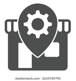 Shop with cogwheel gear on location pin solid icon, repair service concept. Vector graphics. Workshop house sign on white background, glyph style icon for mobile or web design