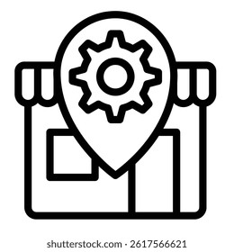 Shop with cogwheel gear on location pin line icon, repair service concept. Vector graphics. Workshop house sign on white background, style mobile or design
