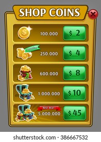 Shop coins panel, game asset with coins icons. Vector illustration.