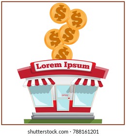 Shop with coins. Side view. Isolated on white background. Vector illustration.