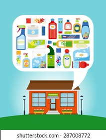 Shop with collection of different household chemicals and cleaning supplies