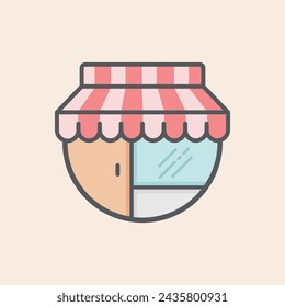 Shop commerce filled icon inside a circle with brown door, red and pink awning and blue crystal with glass reflections