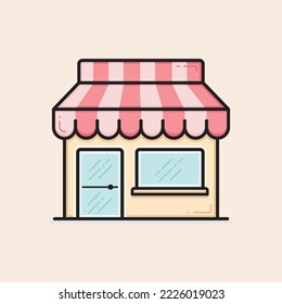Shop commerce filled icon with red awning and blue crystal with reflections.