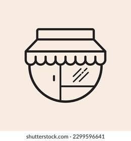 Umrisssymbol im Handel in einem Kreis mit Tür-, Markisen- und Kristallreflektionen.
