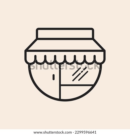 Shop commerce outline icon inside a circle with door, awning and crystal reflections.