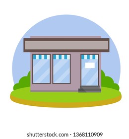 Shop and commercial building. Small store. Urban landscape. Grocery and boutique. House with gray walls and door. Big blue window. Cartoon flat illustration. Green landscape. Summer season.