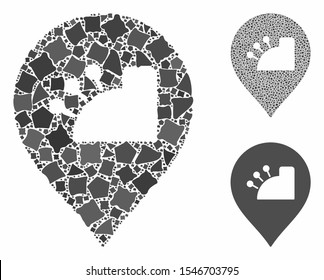 Shop composition of rough pieces in various sizes and color tones, based on shop icon. Vector humpy pieces are grouped into composition. Shop icons collage with dotted pattern.