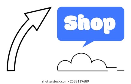 Shop concept. Arrow pointing upwards towards a speech bubble with the word Shop inside above a cloud outline. Ideal for e-commerce, marketing, retail, business growth, online shopping. Minimalistic
