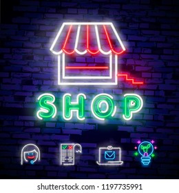 Shop concept banner in fashionable neon style, luminous signboard, nightly advertising advertisement of sales rebates of cyber Monday. Vector illustration for your projects.