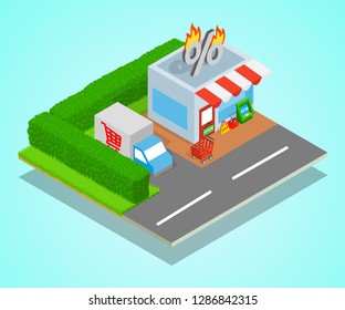Shop concept banner. Isometric banner of shop vector concept for web, giftcard and postcard