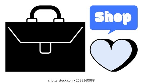 Shop concept. A black briefcase, a blue speech bubble with the word shop, and a light blue heart. Ideal for business themes, retail environments, shopping love, customer relations, and marketing