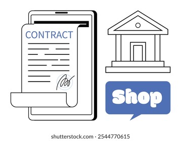 Shop concept. Digital contract on a tablet screen rolled out with a signature, storefront outline, and speech bubble with the word shop in it. Ideal for online commerce, digital transactions