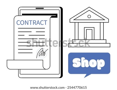 Shop concept. Digital contract on a tablet screen rolled out with a signature, storefront outline, and speech bubble with the word shop in it. Ideal for online commerce, digital transactions