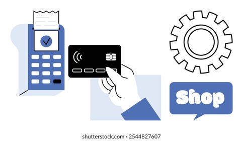 Shop concept. A hand holding a credit card near a POS terminal with a receipt, a gear symbol, and shop text. Ideal for ecommerce, technology, shopping, business, and finance. Minimalist, modern