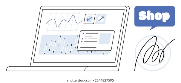 Shop concept. A laptop screen displaying analytical graphs, data charts, and a blue shop badge icon. Ideal for ecommerce, online stores, data visualization, business growth, digital marketing. Modern