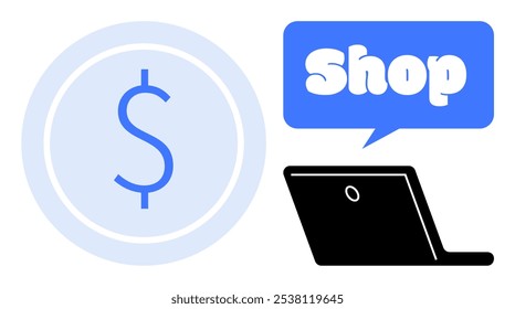 Shop concept. Large dollar sign coin on left, speech bubble with Shop text on top right, black laptop underneath. Ideal for e-commerce, online retail, shopping, digital marketing, business. Flat