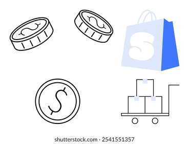 Shop concept. Main elements include coins, a shopping bag, and a cart with boxes. Ideal for retail, e-commerce, online shopping, financial transactions, delivery services. Uses minimalistic style