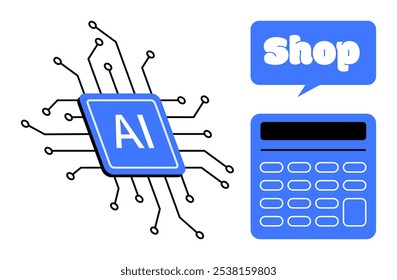 Concepto de tienda. Un microchip con IA y una calculadora al lado de una burbuja de discurso diciendo Shop. Ideal para tecnología en retail, IA en comercio, soluciones de compra online, transacciones digitales y automatización