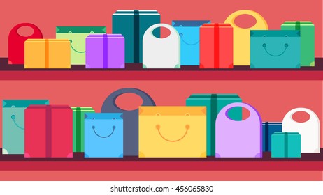 Shop Concept from Shopping Bags, Boxes and Packages with products. Sale Banner. Shelves store with offer for print, flyer, sticker, poster. Vector