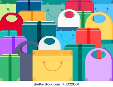 Shop Concept from Shopping Bags, Boxes and Packages with products. Sale Banner. Shelves store with offer for print, flyer, sticker, poster. Vector