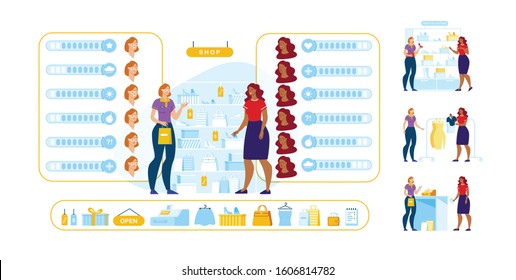 Shop Consultant and Customer Animated Character Set. Happy Customer and Friendly Smiling Seller at Clothing and Accessories Boutique. Showcase, Goods and Female Emotions Diy Kit. Vector Illustration