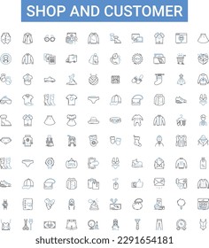 Shop and customer outline icons collection. Shop, Customer, Shopping, Buyer, Store, Purchaser, Retail vector illustration set. Buy, Merchant, Seller line signs