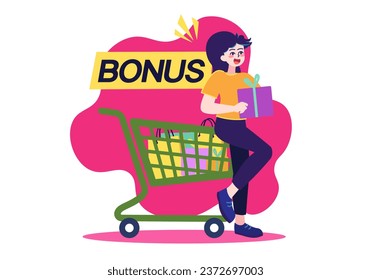 Shop day and black Friday concept with people scene in the flat cartoon design. In honor of the holiday, the girl arranged a shopping day for herself. Vector illustration.