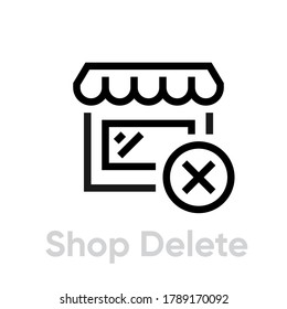 Shop delete flat outline icon. Editable Line Vector. Remove from store. Simple sign shop with cross for ui app or website in linear design isolated on white background.