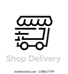 Shop delivery icon in linear style black color. Editable Vector Outline. Express delivery. Flat design sign store quick shipping for apps and websites isolated on white background.