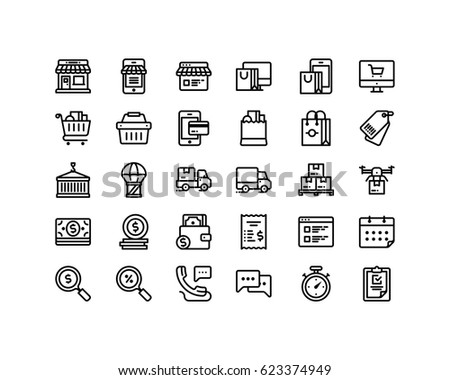 Shop and delivery icon set, outline style