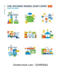 Shop, development, finance, communication, teamwork, investment, savings, cycle the buying process, insurance, protection and support icons set over white background Colorful flat illustrations
