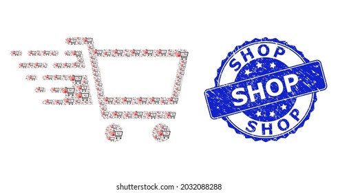 Shop dirty round stamp and vector fractal collage shop cart. Blue stamp seal includes Shop tag inside round shape. Vector collage is organized of repeating shop cart icons.
