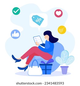 Shop discount flat vector illustration of happy woman with discount. Discount system concept, loyalty program for customers, seasonal sales, shop coupons or vouchers.