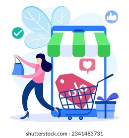 Shop discount flat vector illustration of happy woman with discount. Discount system concept, loyalty program for customers, seasonal sales, shop coupons or vouchers.